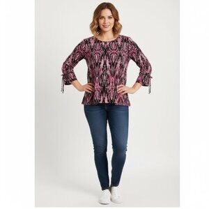 Belle Kim Gravel sz XL Pink Black Geometric Abstract Stretch Knit 3/4 Sleeve Top